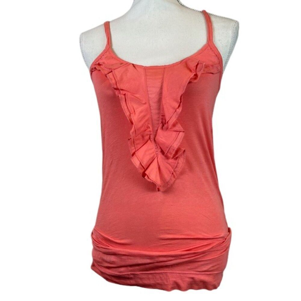 Theory Ruffle Front Tank Coral Spaghetti Straps‎ Stretch Long Tank Size Small